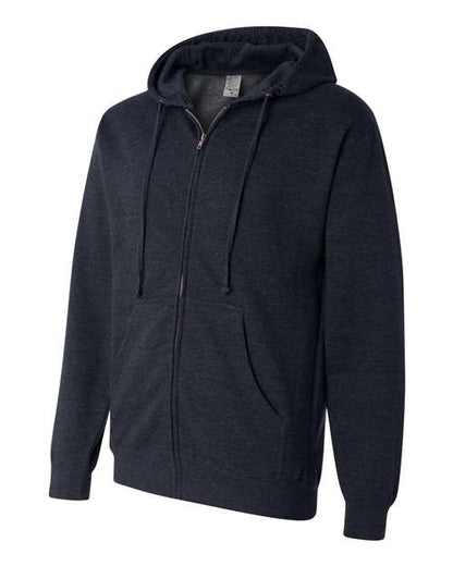 Dark heathered navy full-zip hooded sweatshirt with drawstrings and front pockets.