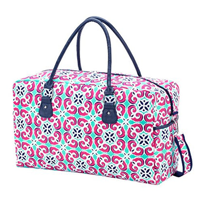Pink and mint Mia tile-print duffel on a white background