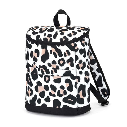 Black and white animal-print cooler backpack with black straps