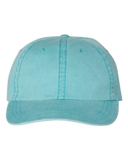 Light blue pigment-dyed unstructured dad hat with a curved brim and no visible embroidery.