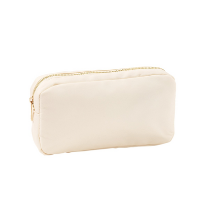Cream zippered accessory pouch on a white background