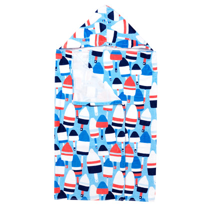 Oh Buoy hooded towel laid flat to show the hood and buoy pattern