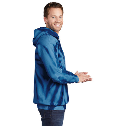 Man modeling a navy blue tie-dye pullover hooded sweatshirt with a front pouch pocket.
