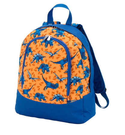 Orange and blue dinosaur-print preschool backpack
