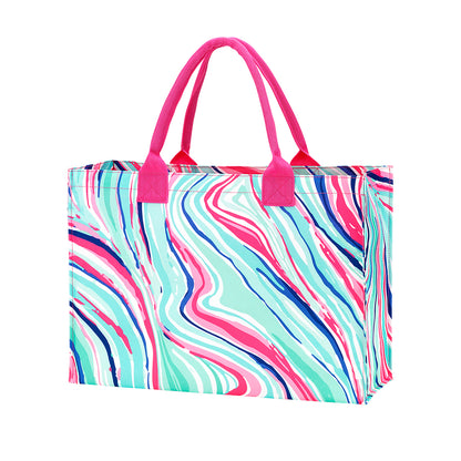 Pink, mint and blue swirl-print tote with pink handles