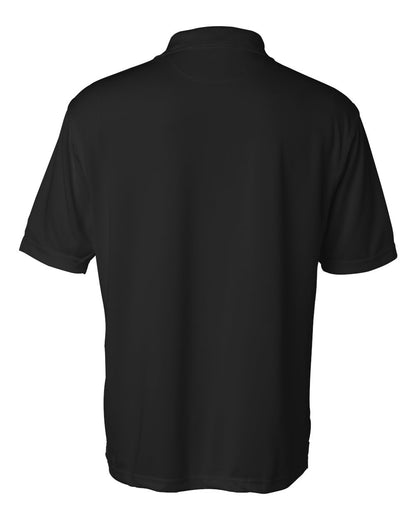 Back view of a black short-sleeved mesh sport shirt with a collar and no visible design.