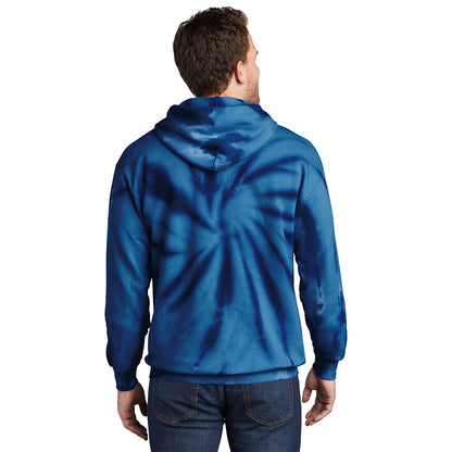Back view of a navy blue tie-dye pullover hoodie with a sunburst pattern worn by a man.