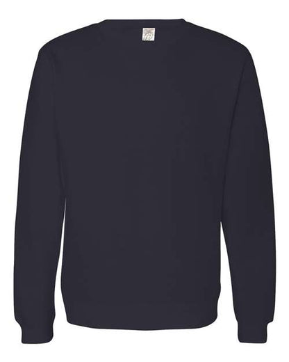 Plain navy blue crewneck sweatshirt with long sleeves and ribbed cuffs and hem.