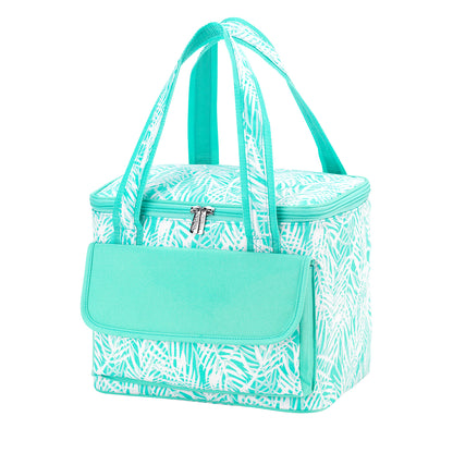 Mint and white palm-print cooler bag on a white background