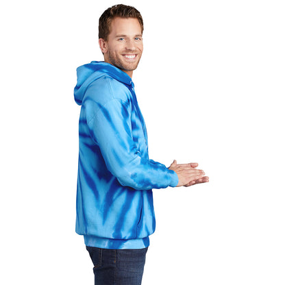 Man wearing royal blue spiral tie-dye pullover hoodie, side view
