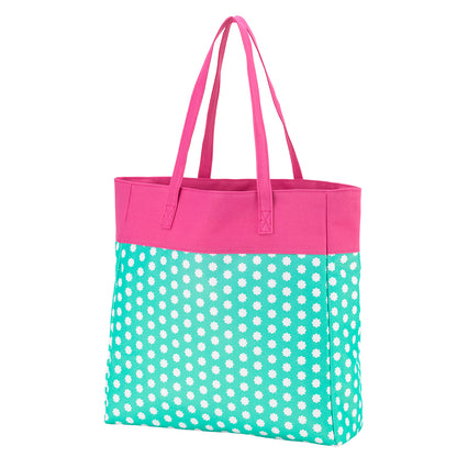 Mint polka-dot tote with pink top panel and handles