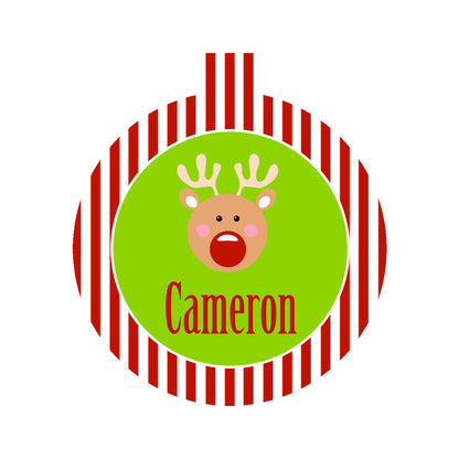 Reindeer ornament design with red and white striped border, green center and personalized name Cameron