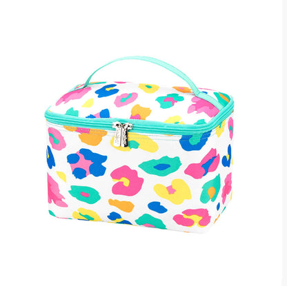 Multicolor animal-print cosmetic case with mint trim
