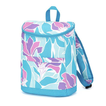 Blue and pink floral-print cooler backpack with blue straps