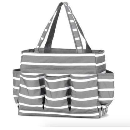 Gray and white striped carryall tote with exterior pockets