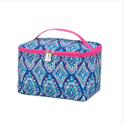 Blue geometric-print cosmetic case with pink trim