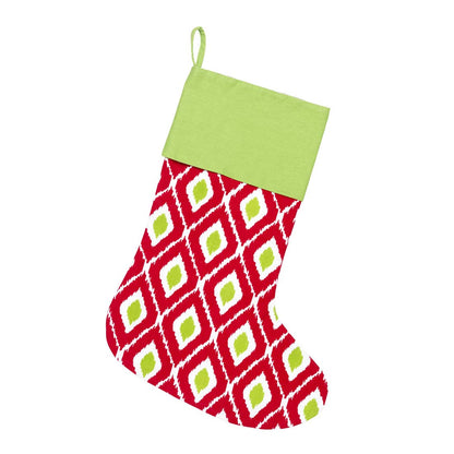 Red, green and white ikat Christmas stocking with green cuff on white
