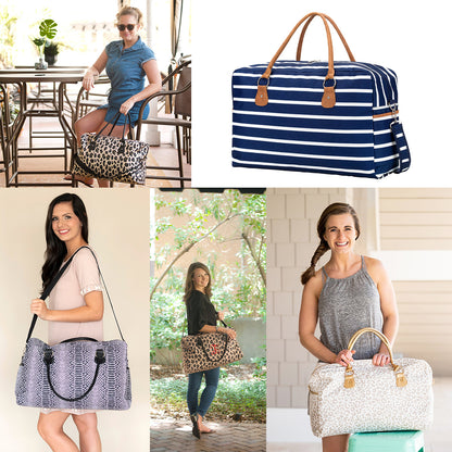 Collage of patterned travel duffels carried by women with a navy stripe bag example
