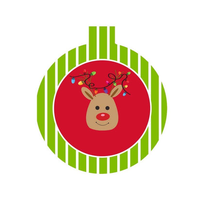 Reindeer Christmas ornament design with green and white stripes, red center and colorful lights around the antlers