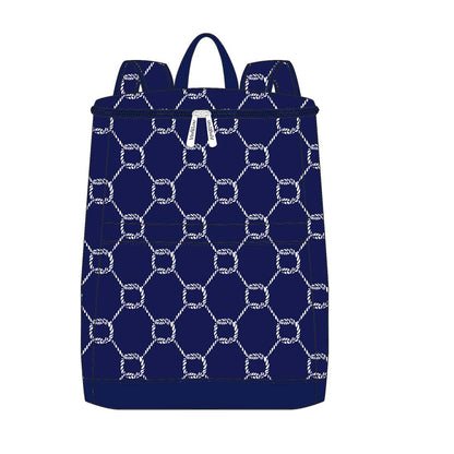 Navy geometric-print cooler backpack with a white initial