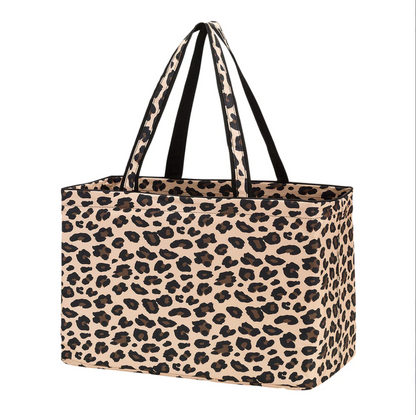 Tan leopard-print oversized tote with dark handles
