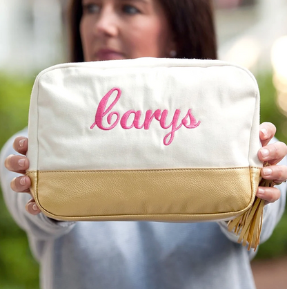 Cream Cabana cosmetic bag embroidered with Carys in pink