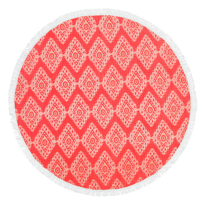 Coral geometric-print round beach towel with white fringe