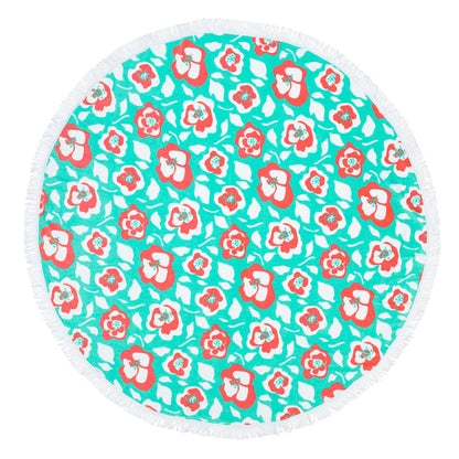 Mint floral round beach towel with white fringe