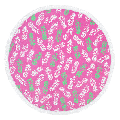 Pink pineapple-print round beach towel with white fringe