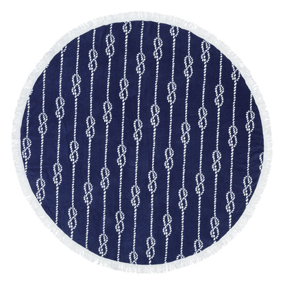 Navy rope-knot-print round beach towel with white fringe