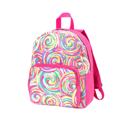 Multicolor swirl-print preschool backpack with pink trim