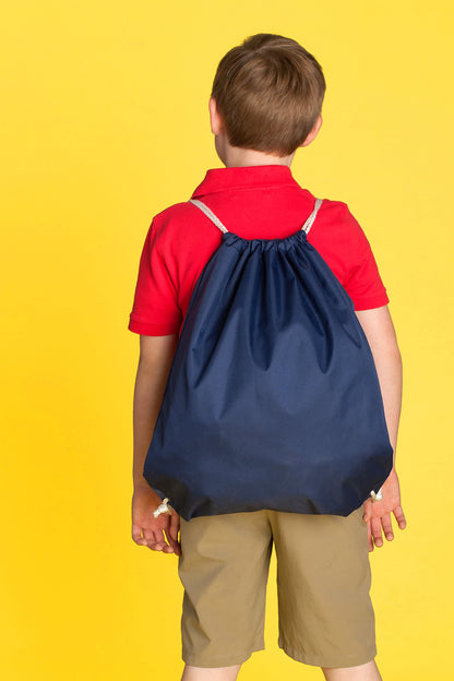 Child wearing a navy drawstring bag