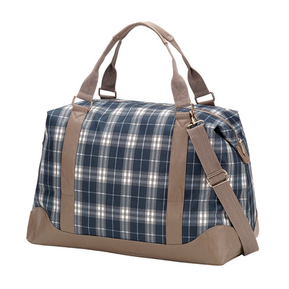 Blue plaid weekender with taupe trim and strap