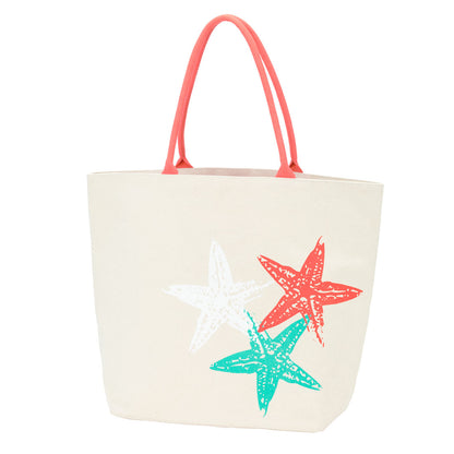 Starfish tote with coral handles and coral, mint and white starfish