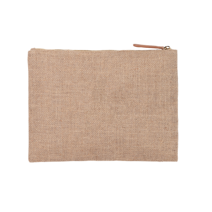 Plain natural burlap-style zipper pouch on a white background