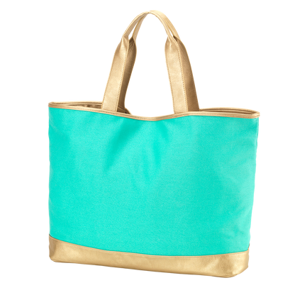 Mint tote with gold-colored handles and lower trim