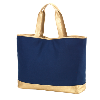 Navy tote with gold-colored handles and lower trim