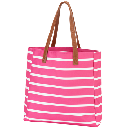 Hot pink and white striped tote with tan handles