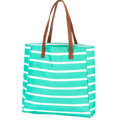 Mint and white striped tote with tan handles