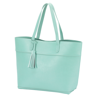 Seafoam Aubrey tote with matching handles and tassel