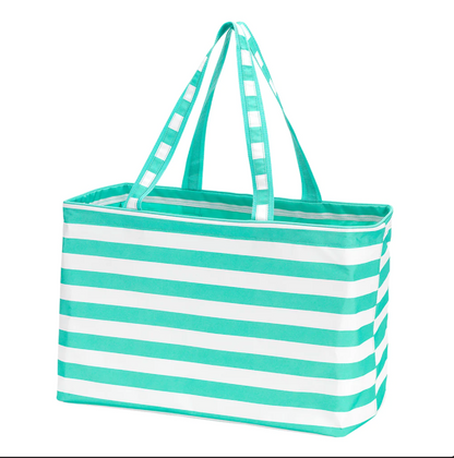 Mint and white striped oversized tote