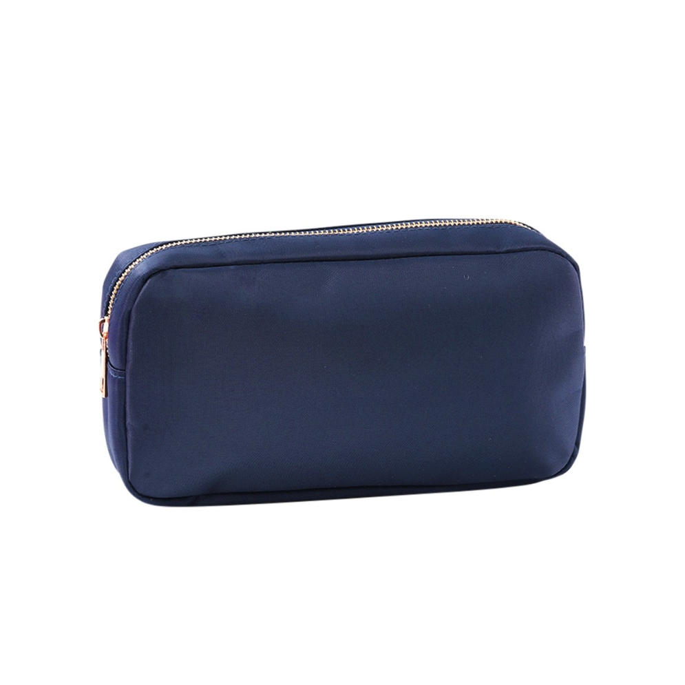 Navy zippered accessory pouch on a white background