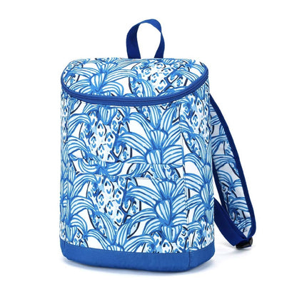 Blue tropical-leaf-print cooler backpack