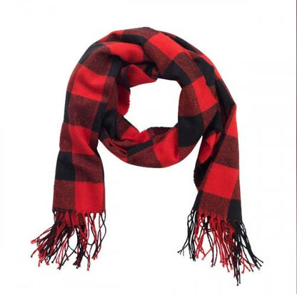 Red and black buffalo check scarf with fringed ends.