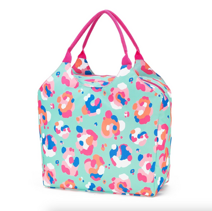 Multicolor leopard-print Seaside beach bag with pink handles