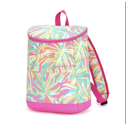 Multicolor tropical-leaf-print cooler backpack with pink straps
